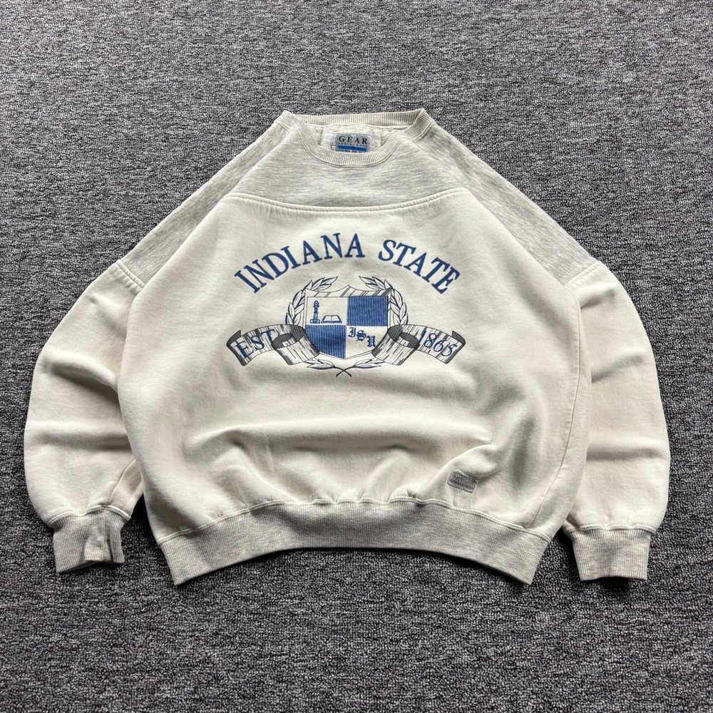 Vintage 90s Indiana State Gear For Sports Sweatshirt Graphic Pullover Cream L